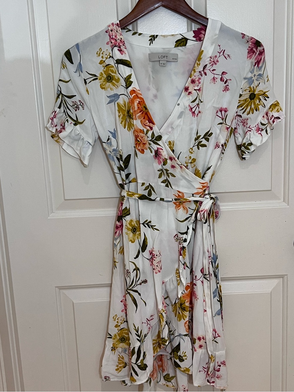 LOFT White Floral Wrap Dress with Pink, Yellow & Orange Blooms